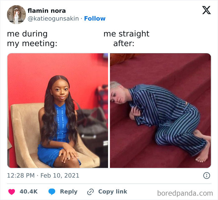 Two images: Left shows person sitting at work meeting; right shows person lying down in striped pajamas.