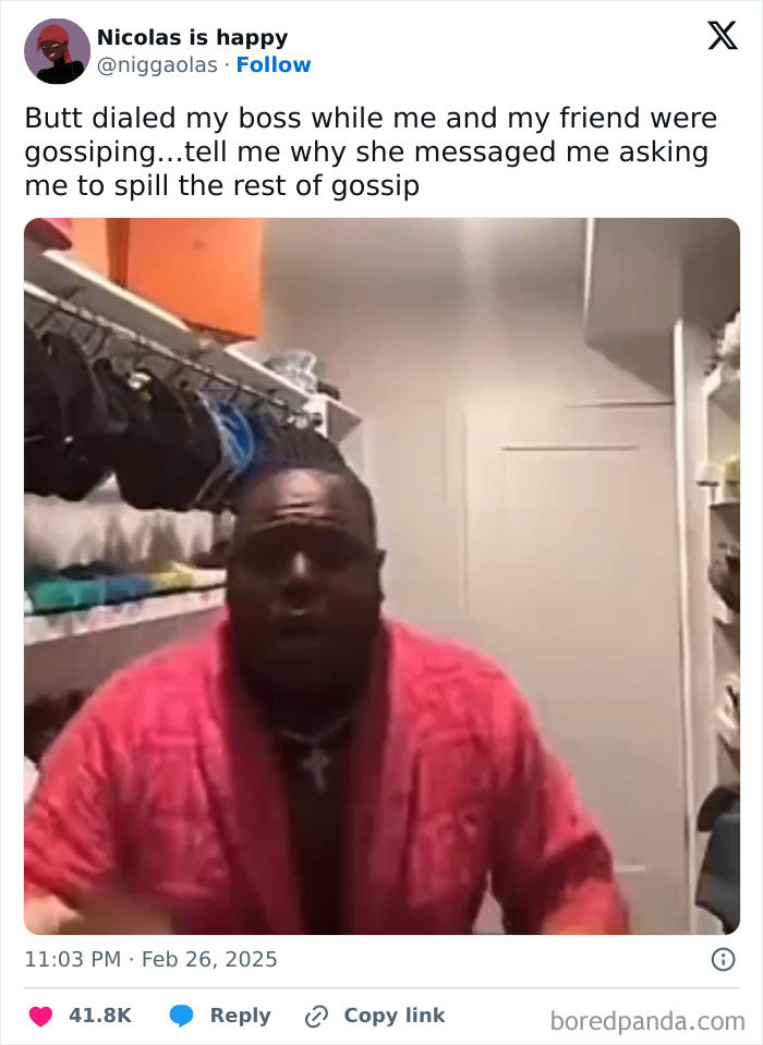 Person in a pink robe captured mid-motion, sharing a funny work tweet about accidentally calling their boss during gossip.