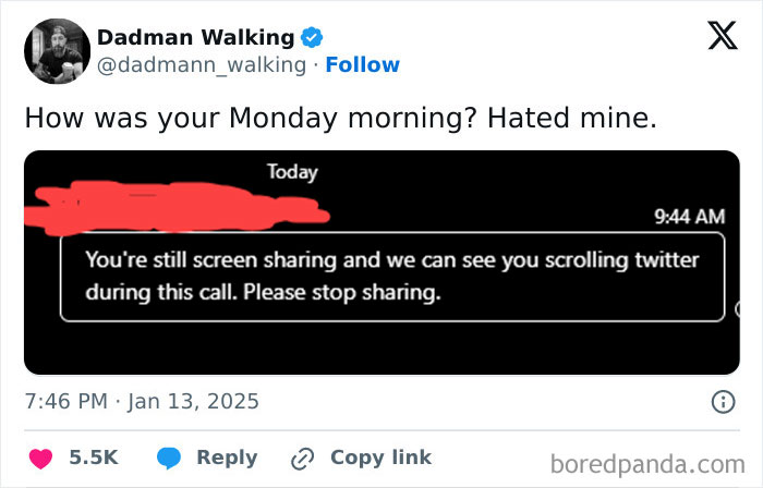 Funny work tweet showing a screen sharing mishap during a virtual call, highlighting Twitter scrolling at work.