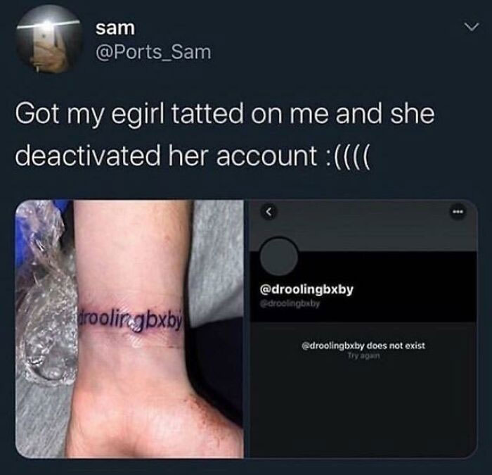 Tattooed username on arm with account deactivated, showcasing a worse day experience.