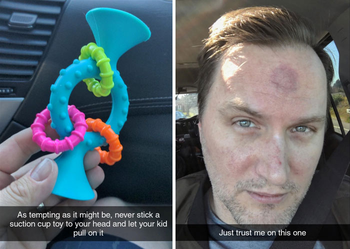 Man with suction cup mark on forehead and colorful toy, illustrating a worse day moment.
