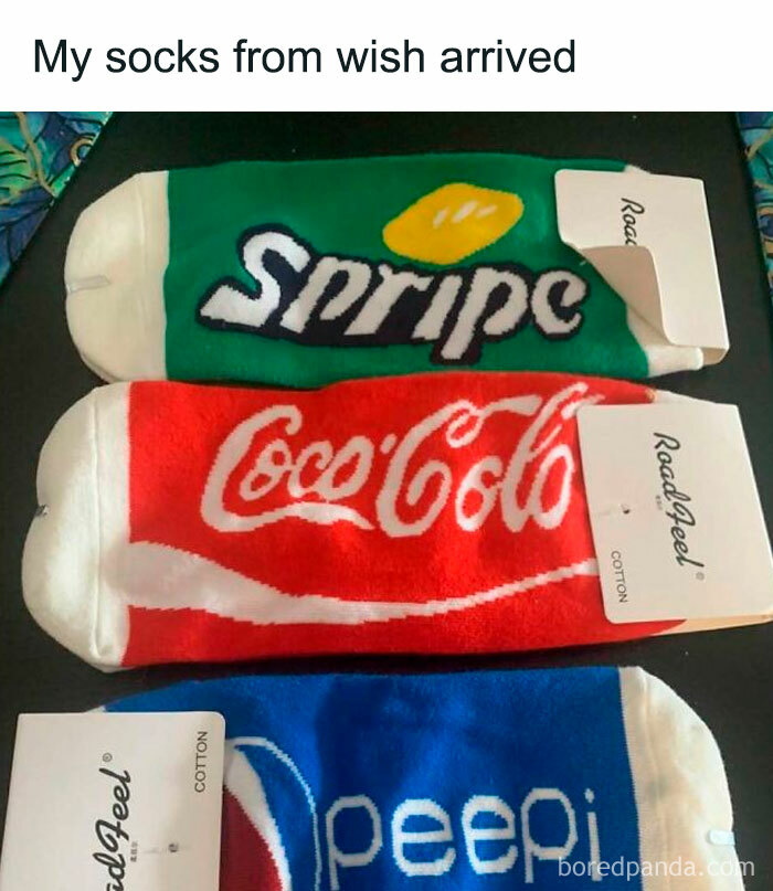 Funny and relatable socks spoofing soda brands, shared by Conxfession IG page.