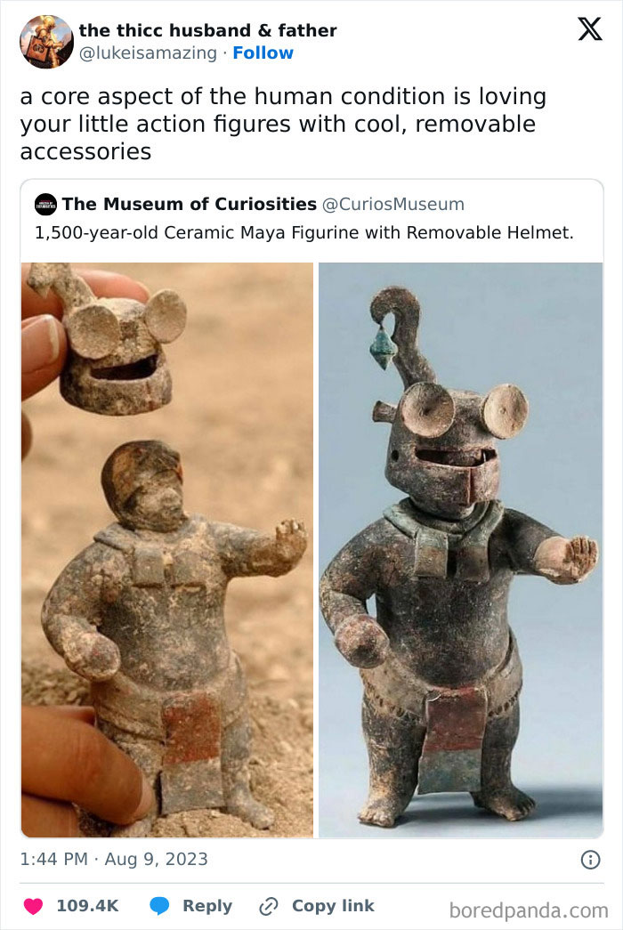 Maya figurine with removable helmet featured in funny tweet about action figures by "Conxfession" IG page.