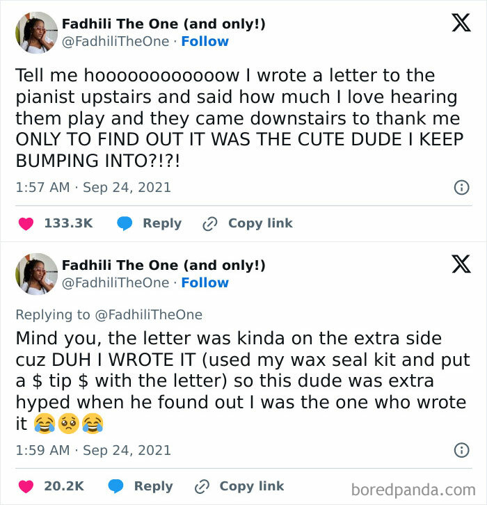 Funny and relatable tweet from "Conxfession" IG page about a letter to an upstairs pianist who turns out to be a cute neighbor.