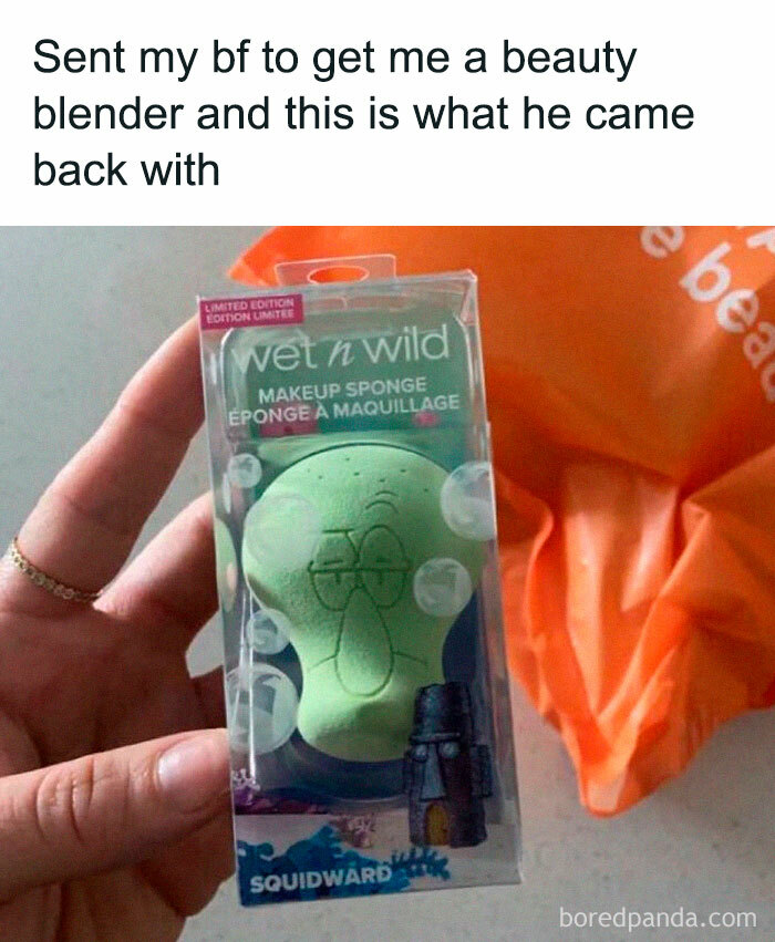 Funny and relatable tweet featuring a Squidward-themed makeup sponge in packaging, held in hand.