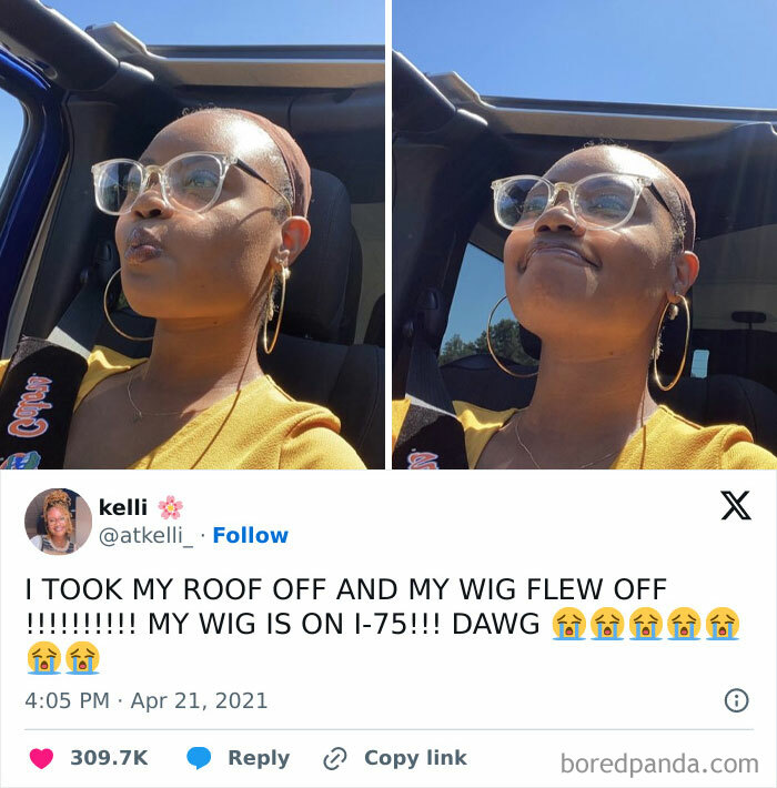 Woman in a car with the roof open, reacting humorously about her wig flying off, featured in a funny tweet.