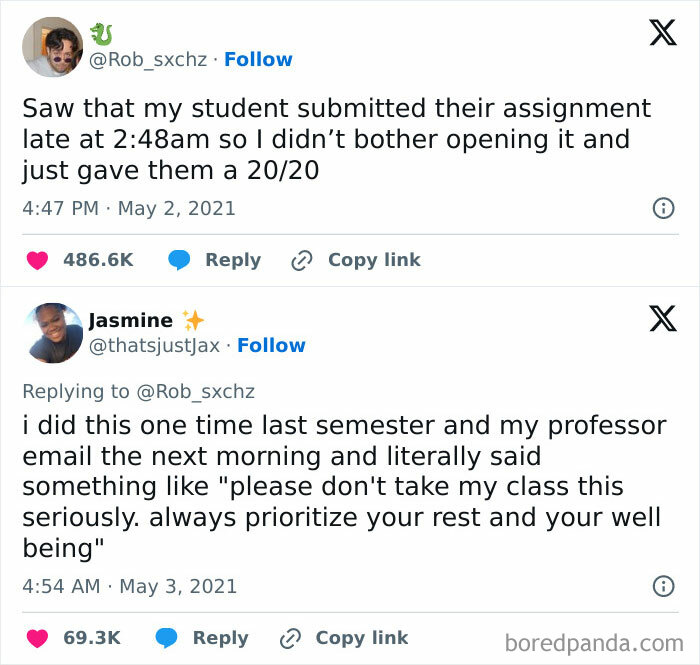 Two funny and relatable tweets about assignment submissions and professor advice shared by "Conxfession" IG page.