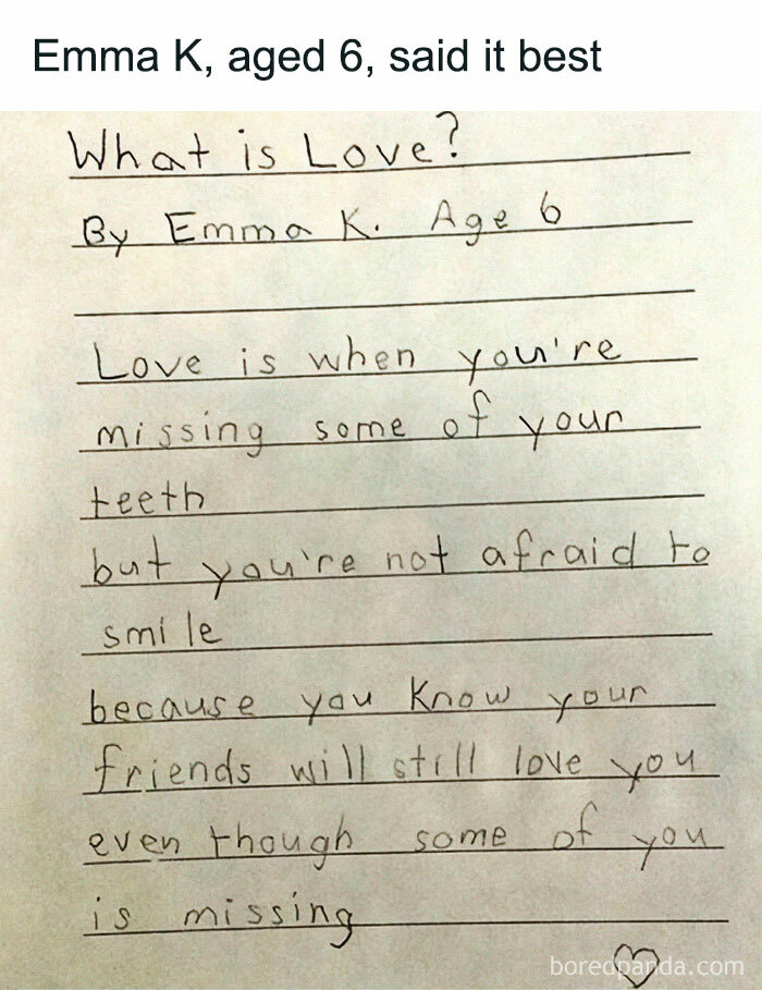 Child's handwritten note humorously defining love, shared by Conxfession IG page.