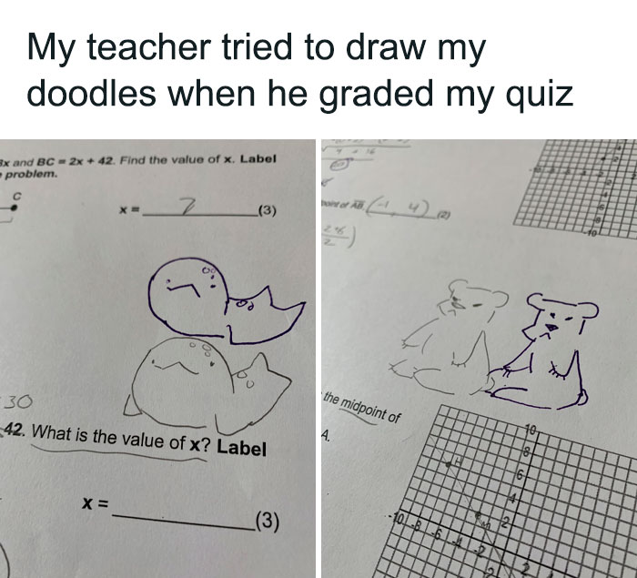 Teacher's attempt to redraw student's funny doodles on a graded quiz paper next to math problems.