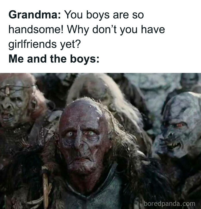 Fantasy characters in a sadcastic meme reacting humorously to a grandma's compliment about being handsome.
