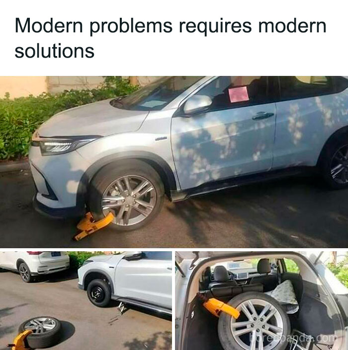 Car wheel lock in trunk as 'sadcastic' meme, tackling parking issues with humor.