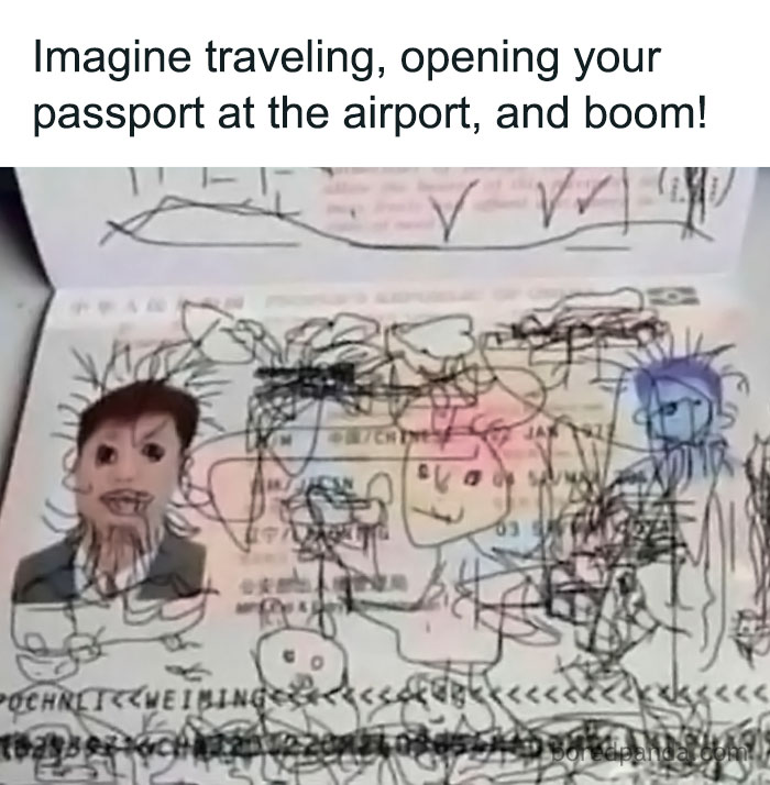 Passport filled with doodles, capturing a 'sadcastic' meme moment at the airport.