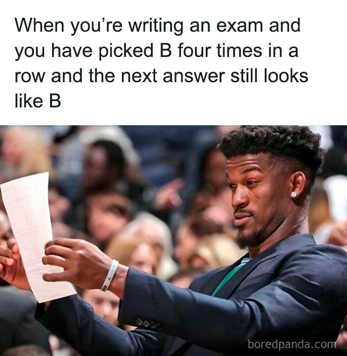 Skeptical man looking at exam paper with funny text on picking B, featured in sadcastic memes.