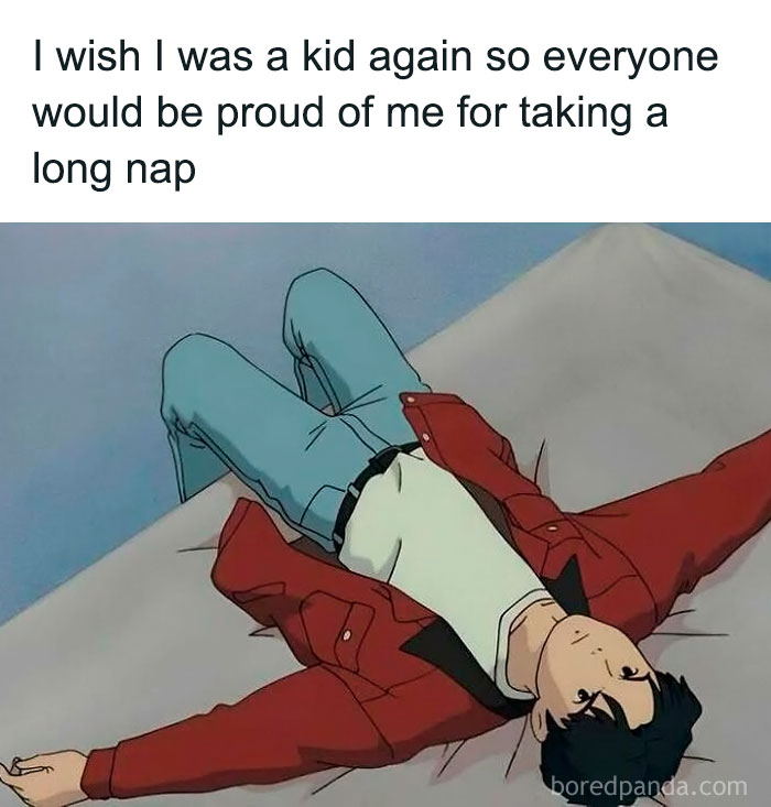 Anime character lying down with text about nostalgia, representing a sadcastic meme.
