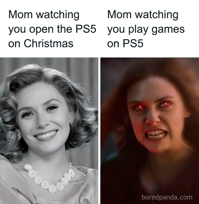 Smiling mom versus angry mom in 'sadcastic' meme about PS5 playing.