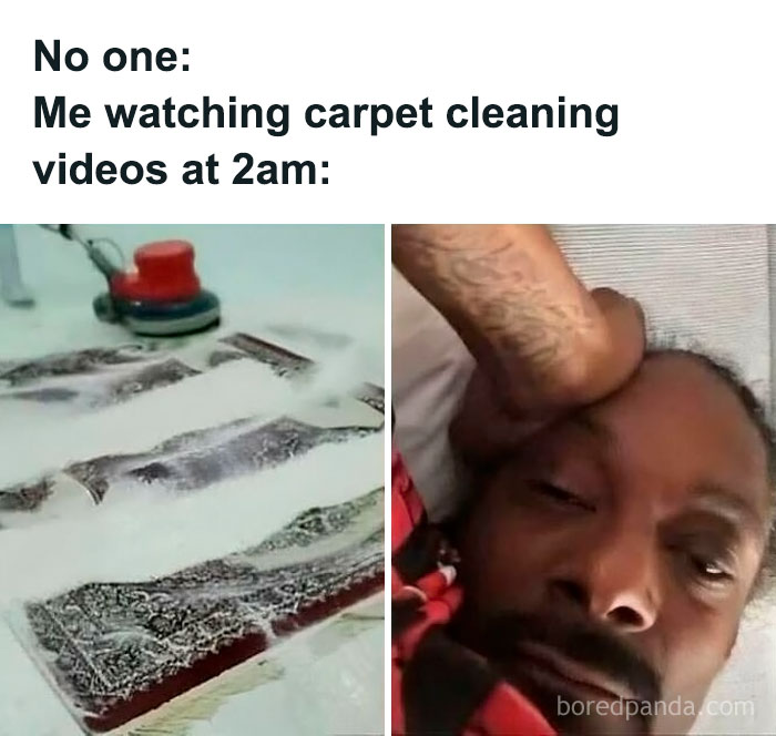 Sadcastic meme: Watching carpet cleaning videos at 2am; cleaning machine and tired man express humor.