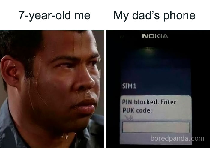 Man sweating nervously next to blocked phone screen, depicting a sadcastic meme moment.