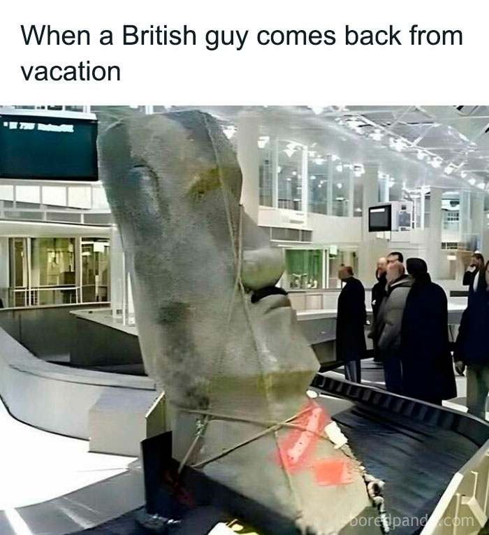 Giant Easter Island statue on baggage carousel, creating a humorous 'sadcastic' meme scene.