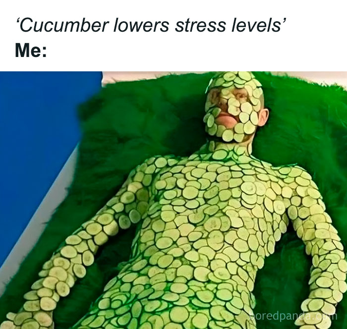 Person humorously covered in cucumber slices on a green surface, representing a 'sadcastic' meme.