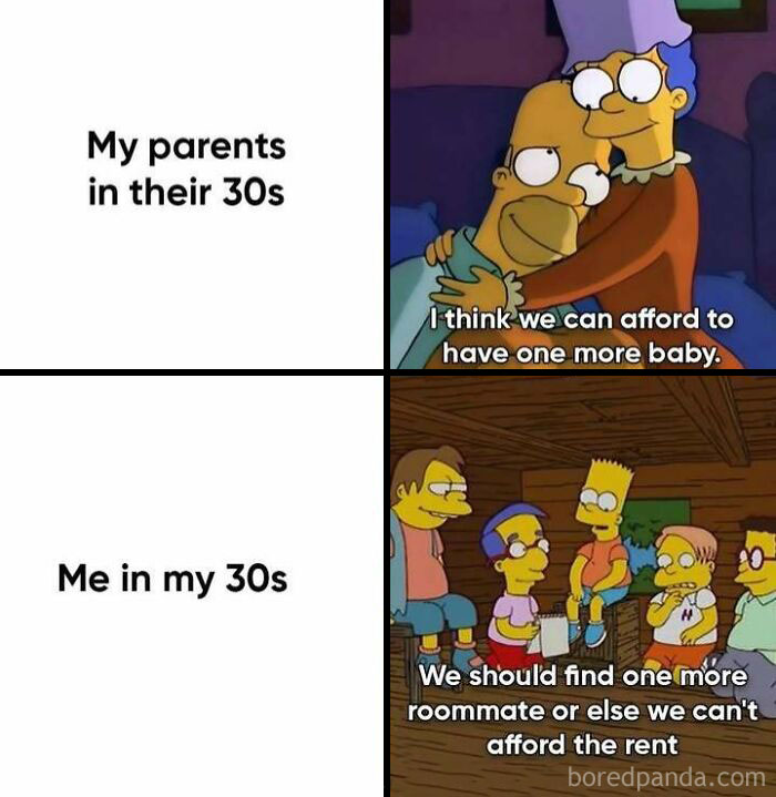 Simpsons sadcastic meme contrasting parents' and millennials' financial situations in their 30s.