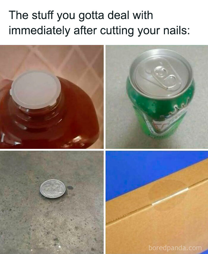 Sadcastic memes: struggles opening bottle, can, picking up coin, and removing tape after cutting nails.