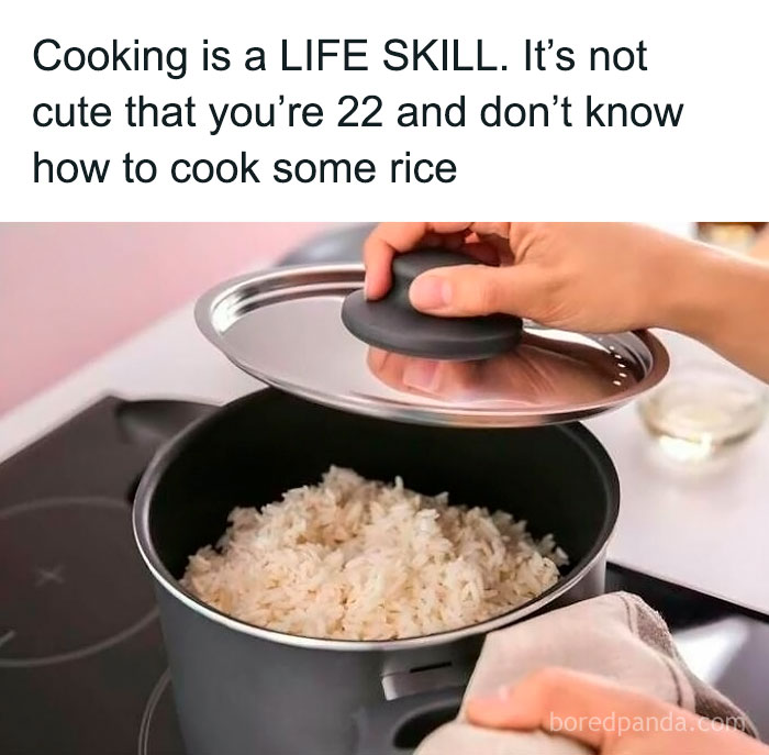 Pot of cooked rice with a meme caption about cooking, illustrating the concept of 'sadcastic' memes.
