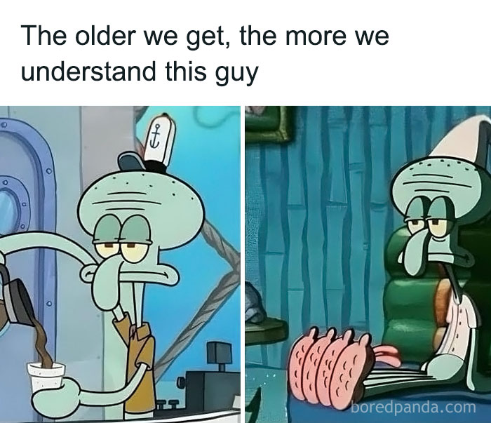 Cartoon character looking tired at work and home, captioned "The older we get, the more we understand." Sadcastic meme.