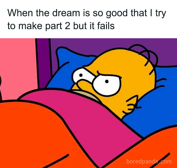 Cartoon character in bed, frowning at failed sequel dreams. Humorous sadcastic meme.