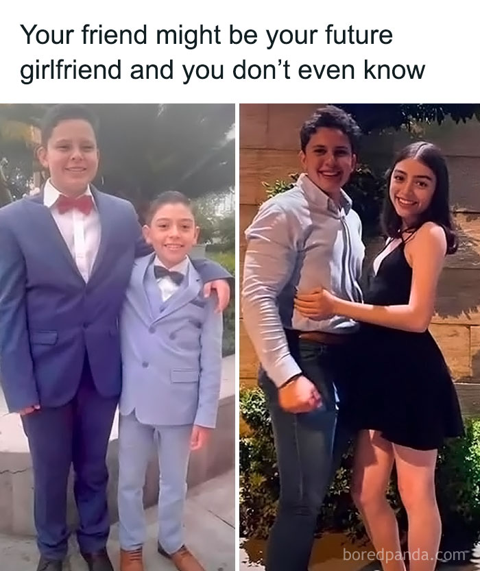 Childhood friends in suits transition to a couple, capturing a 'sadcastic' meme theme.