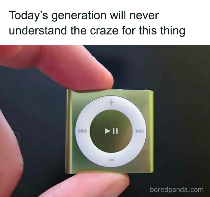 Person holding green iPod with a meme text about today's generation, from a 'sadcastic' memes collection.