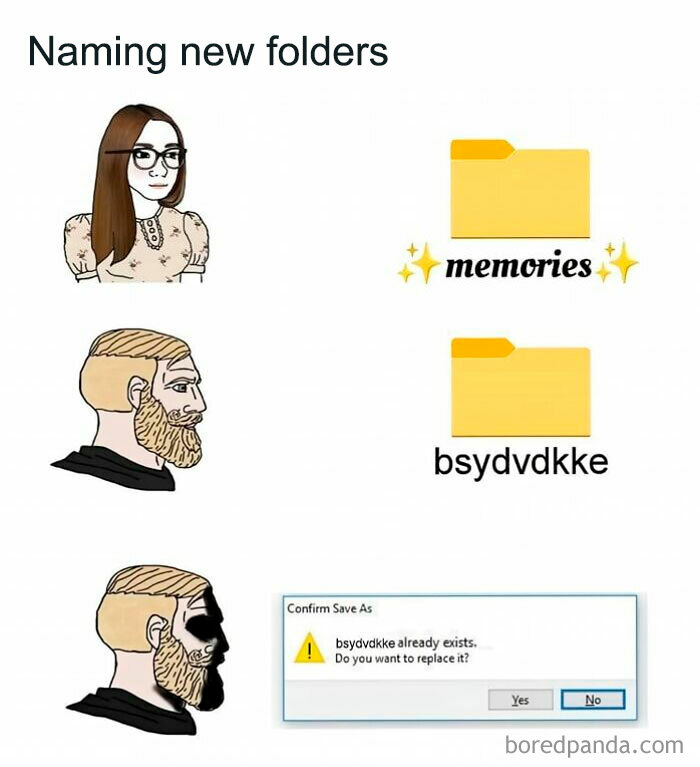Two characters humorously depict folder naming styles; one elegant, one chaotic, with a sarcastic twist on file replacement.