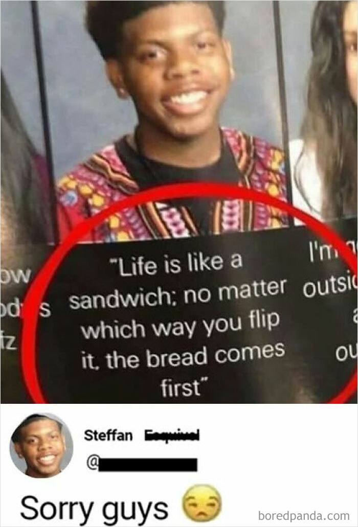 Person humorously comparing life to a sandwich, emphasizing bread comes first.