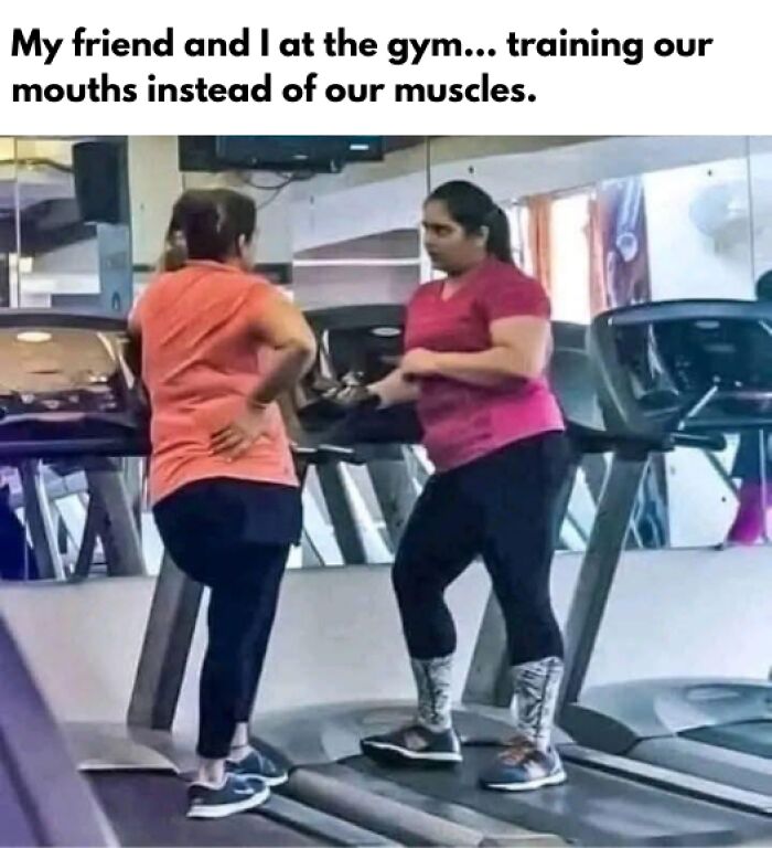 Two women talking on treadmills at the gym; a humorous take on sarcasm in workout routines.