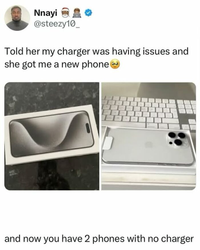 Sarcastic meme showing a new phone gifted instead of a charger, with text overlay.