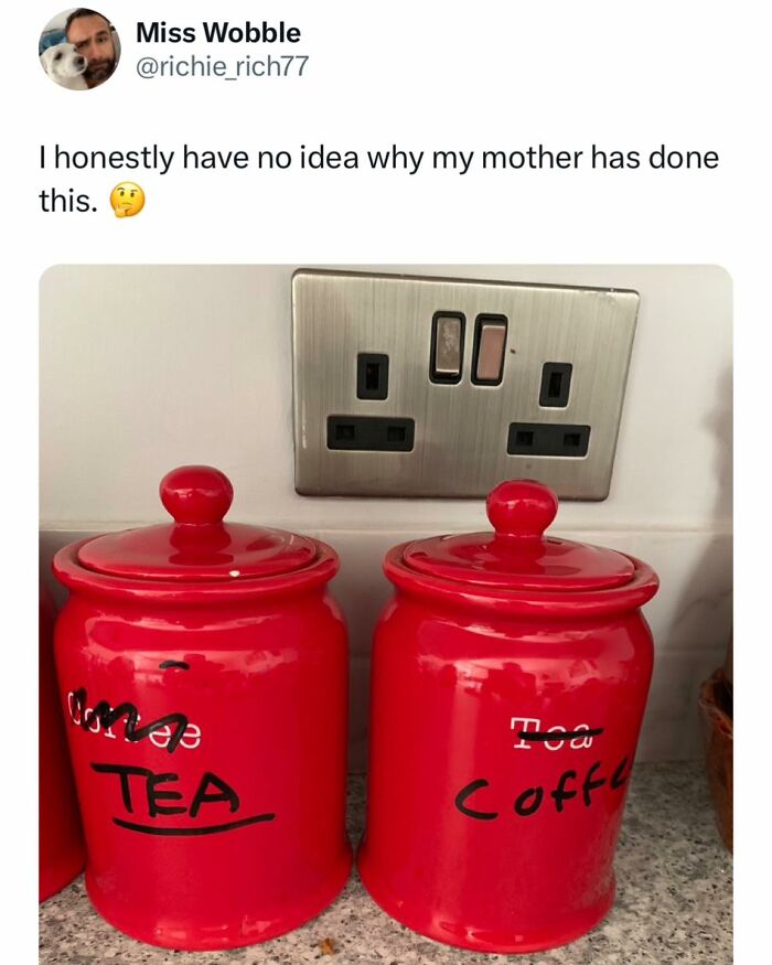 Two red jars labeled with sarcasm: one says "Coffee" crossed out with "Tea" underneath, and the other the opposite.