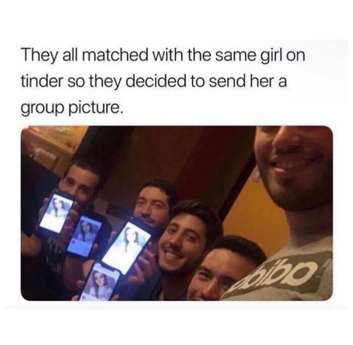 Five guys humorously holding phones showing the same Tinder match, exemplifying sarcasm sodality.
