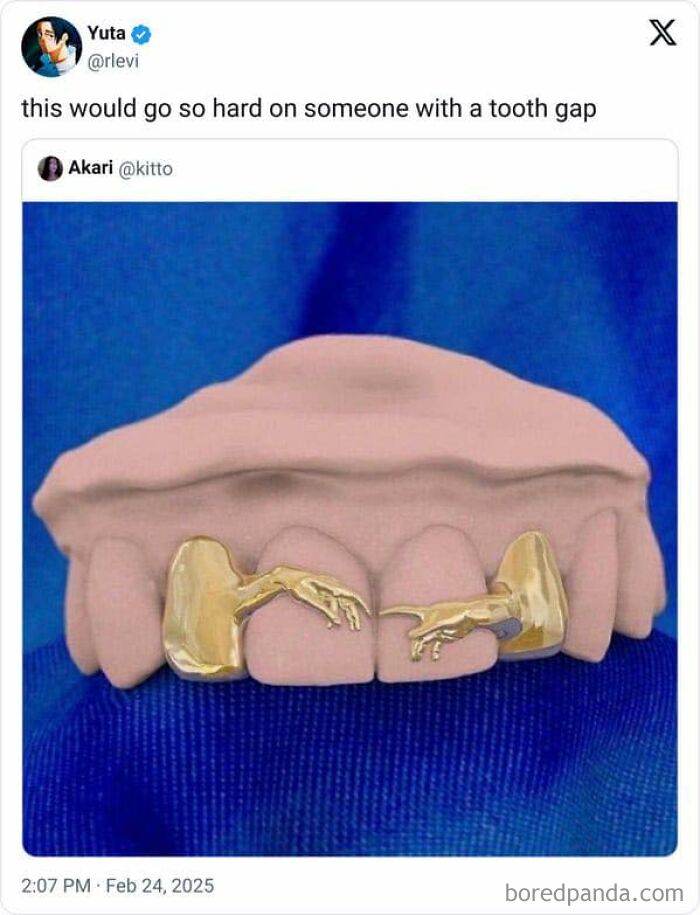 Teeth with a gap featuring a humorous design resembling "The Creation of Adam," showcasing sarcasm.