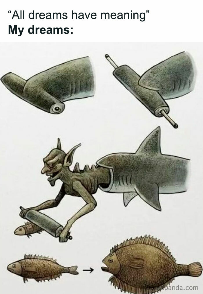 A surreal, humorous meme showing a shark transforming into a goblin using a rolling pin, parodying dream interpretations.