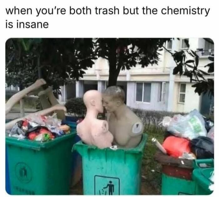 Two mannequins in trash cans, humorously depicting intense chemistry, enhancing sarcasm memes.