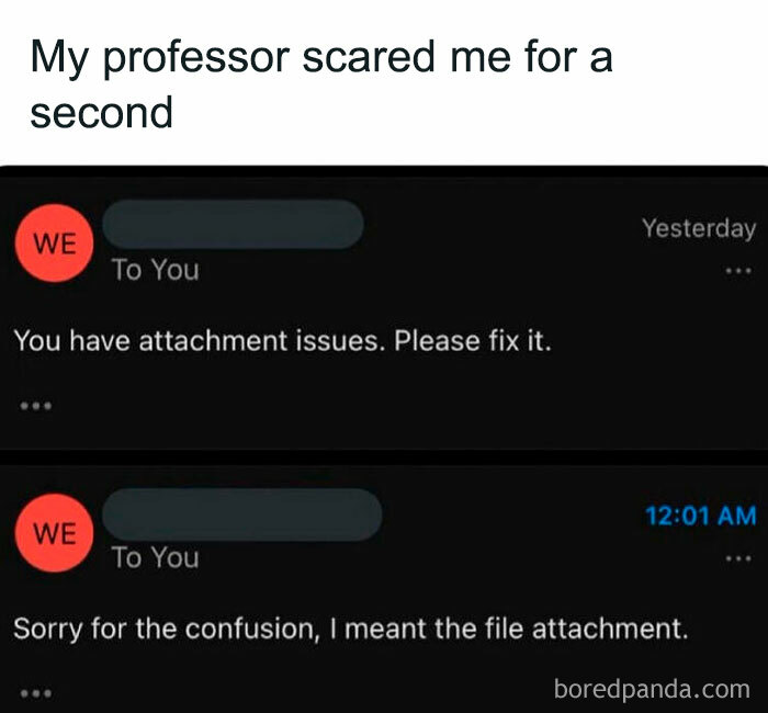 Email chain with sarcastic meme about attachment issues, resolved with humor.