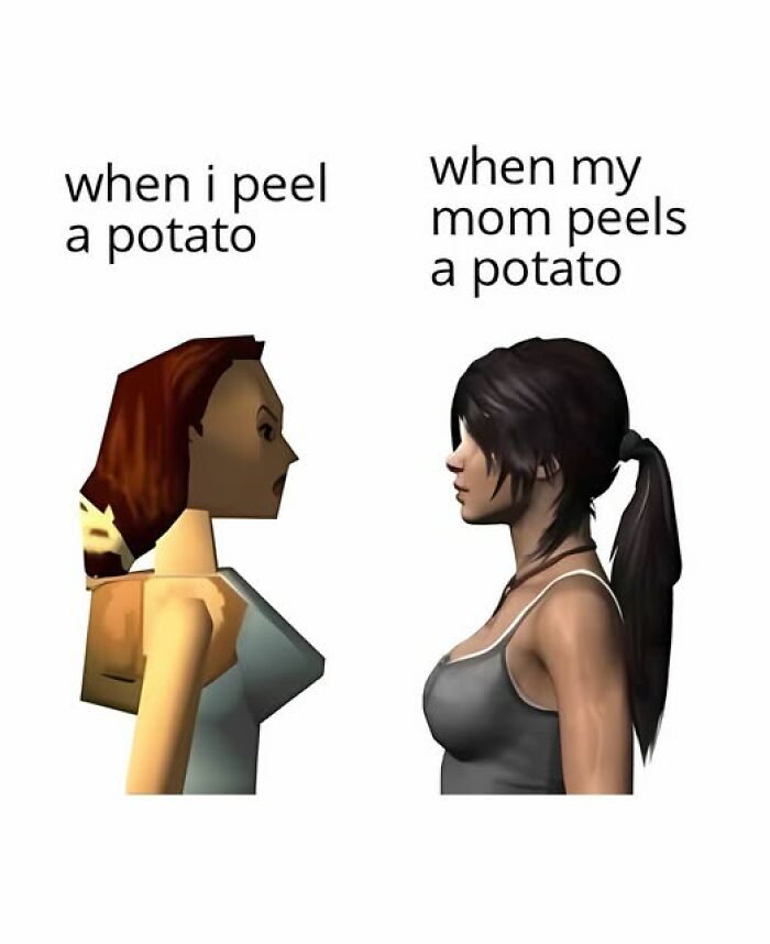 Two digital characters depict a sarcastic meme about potato peeling skills.