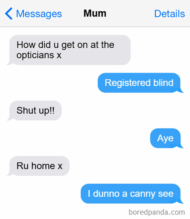 Text conversation showcasing Scottish humor, featuring a playful exchange about an optician visit.
