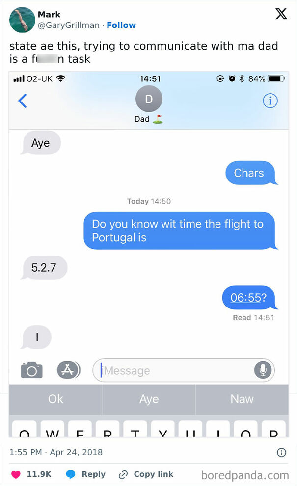 Text exchange humorously illustrating Scottish humor with a dad guessing flight time to Portugal.
