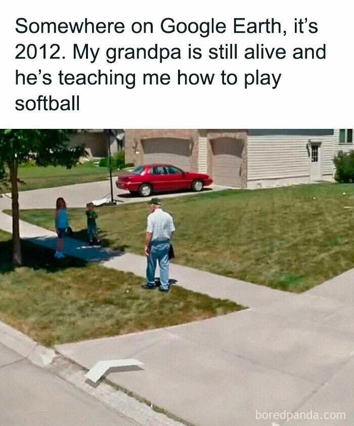 Weird meme showing a Google Earth view of a family moment, with a grandpa teaching softball in 2012.