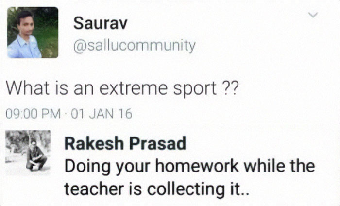 Weirdest meme about extreme sports and homework shared online.
