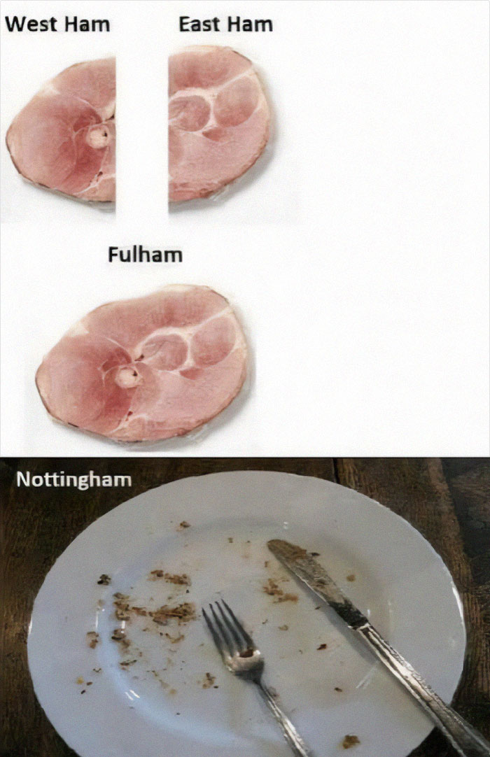 Weirdest memes showing labeled ham slices and an empty plate with crumbs.