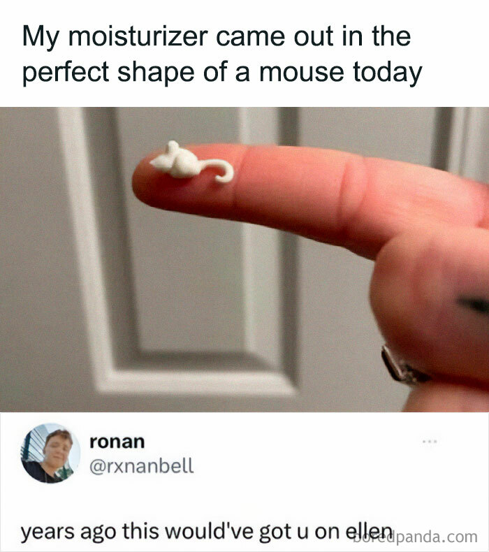 Funny meme of moisturizer shaped like a mouse on a fingertip, with humorous tweet about going on Ellen.