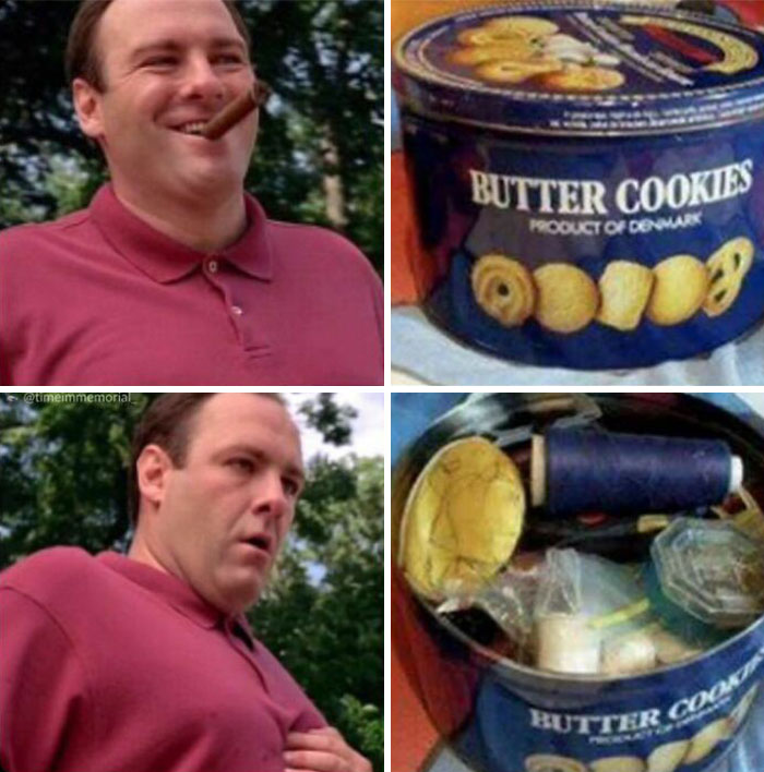 A man reacts to opening a cookie tin filled with sewing supplies, demonstrating humorous weirdness.