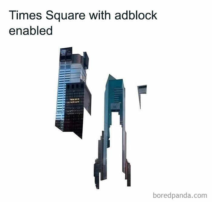 Weirdness in Times Square with adblock, showing fragmented skyscrapers against a white background.
