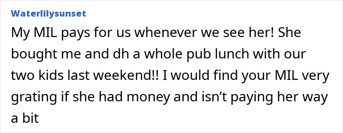 Text exchange about mother-in-law's habit of always paying for meals. Text exchange about mother-in-law's habit of always paying for meals.
